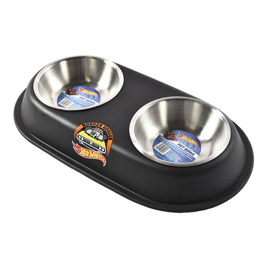 P&M - Plato Doble Hot Wheels Para Perro Diseño Negro