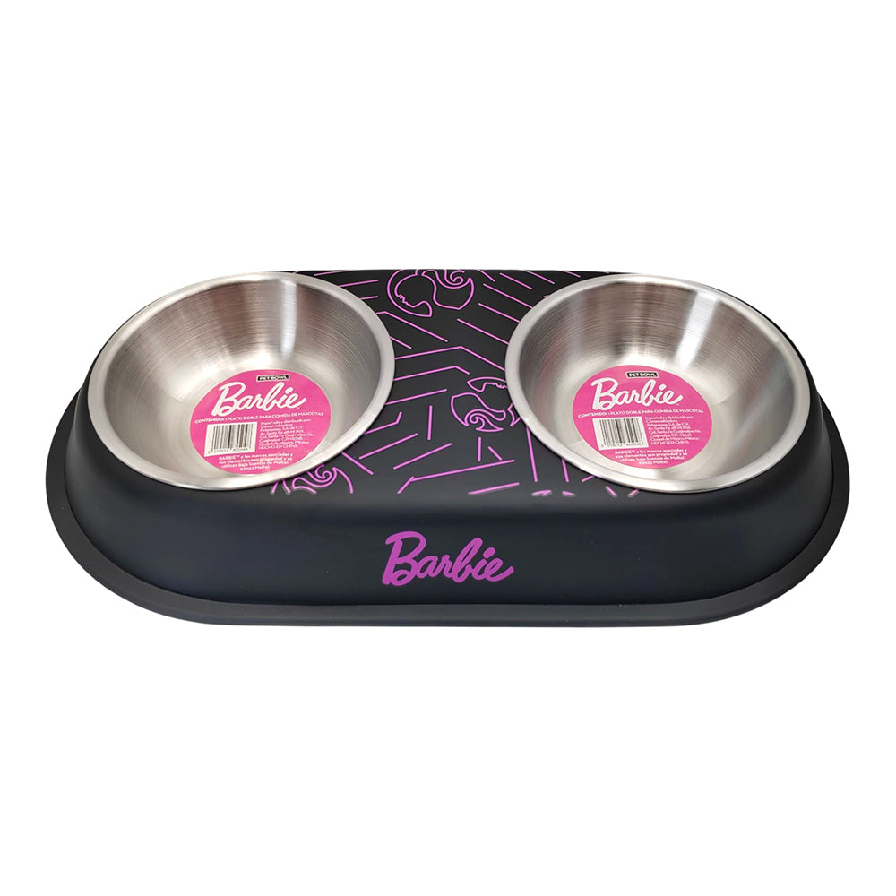 P&M - Plato Doble Barbie Para Perro Diseño Negro