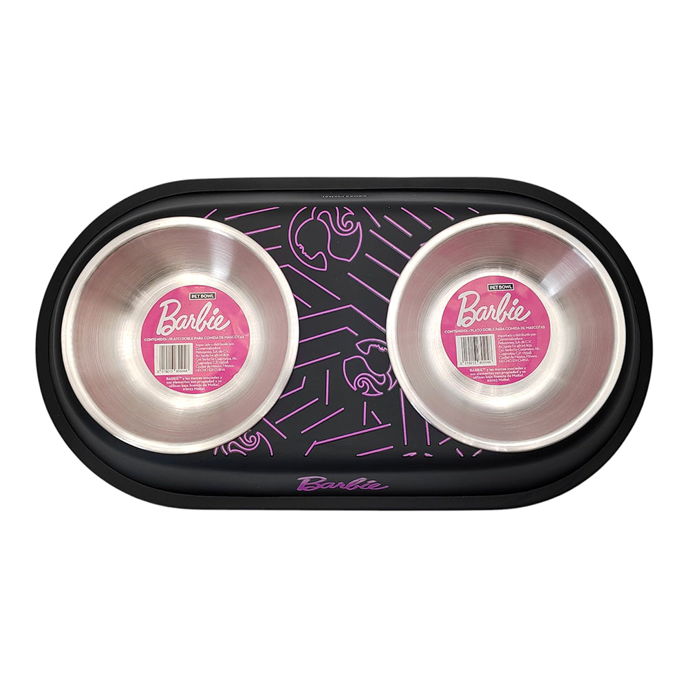 P&M - Plato Doble Barbie Para Perro Diseño Negro