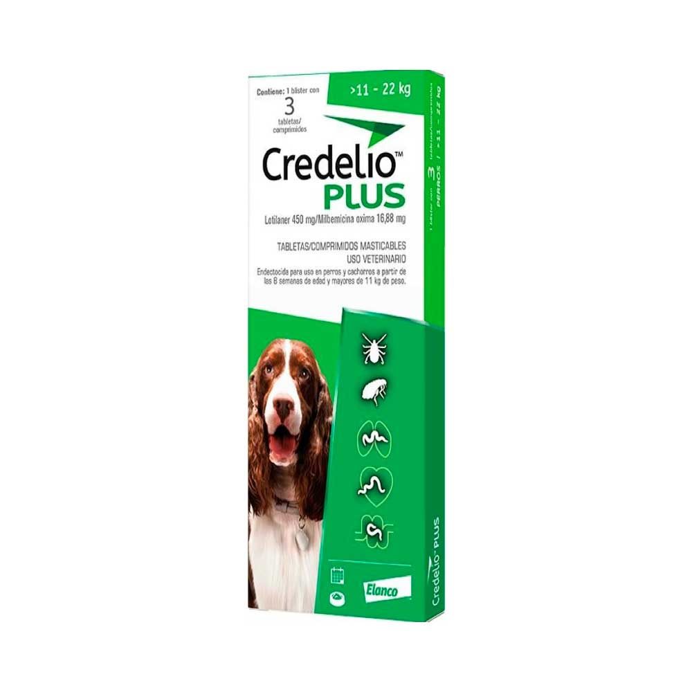 ELANCO - Credelio Plus Antiparasitario Para Perro De 11 A 22 Kg 3 Tabs 450 Mg