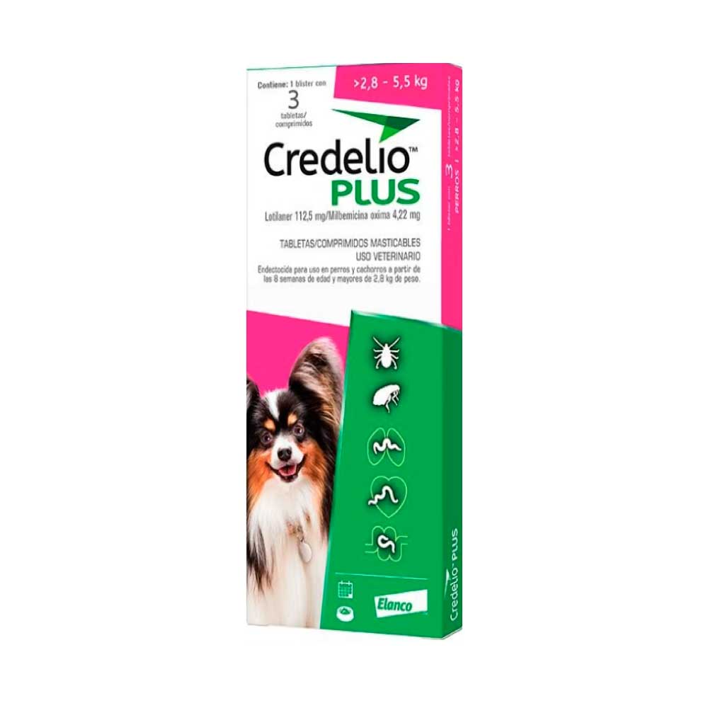 ELANCO - Credelio Plus Antiparasitario Para Perro De 2.8 A 5.5 Kg 3 Tabs 112.5 Mg
