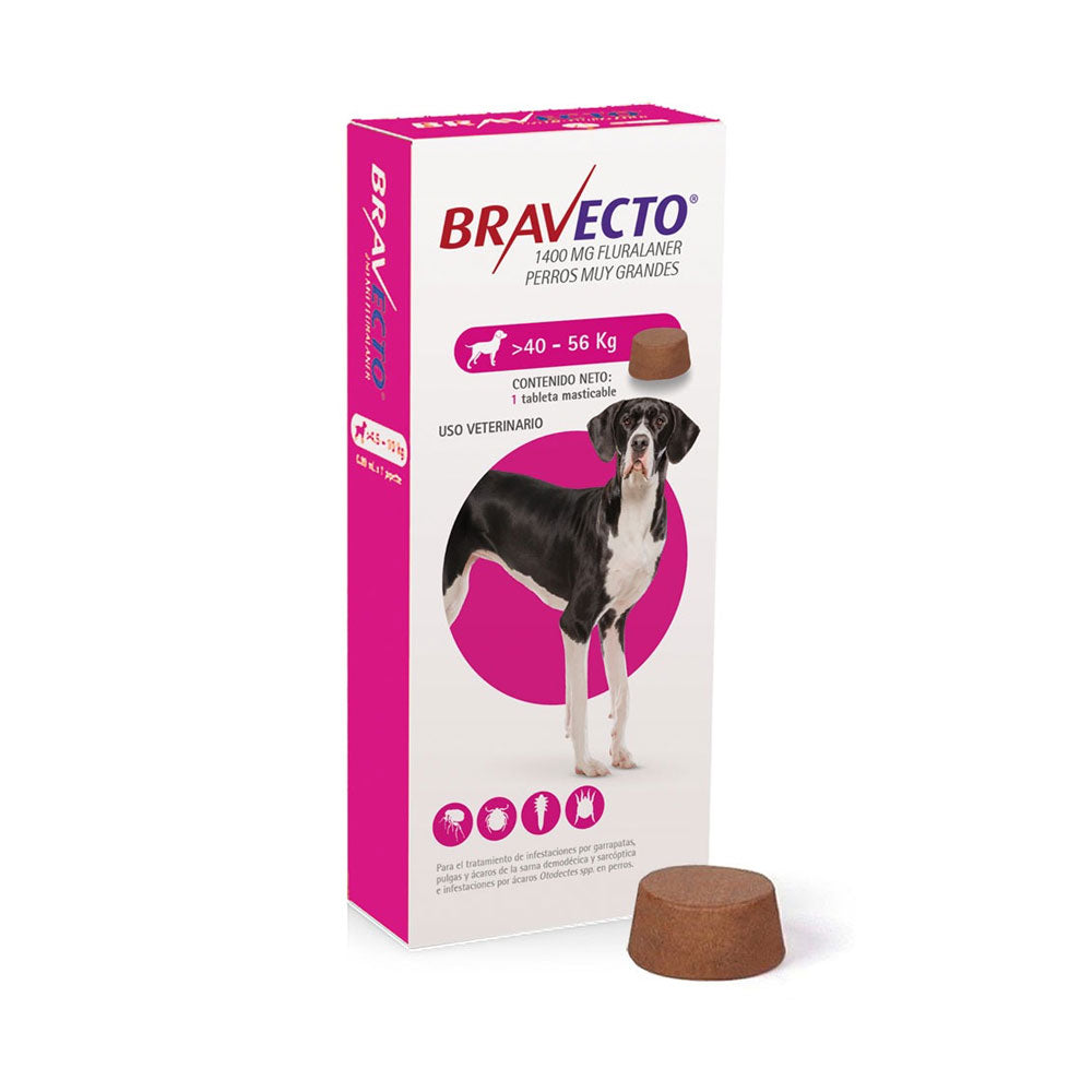 MSD BRAVECTO - Tableta Antipulgas Para Perro De 40 A 56 Kg 1400 Mg 3 Meses de Protección