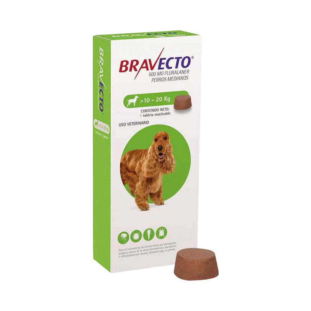 MSD BRAVECTO - Tableta Antipulgas 500 Mg Para Perro De 10 A 20 Kg 3 Meses de Protección