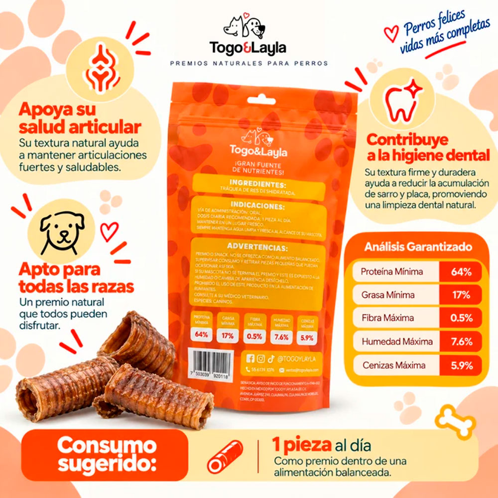 TOGO Y LAYLA - Premios Tráquea de Res Para Perro 3 pzas